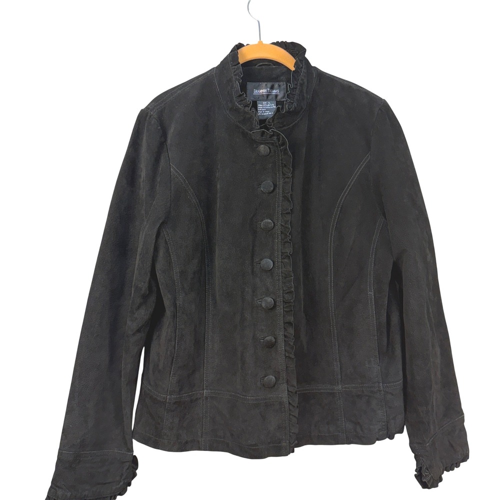 Brandon Thomas Black Suede Leather Ruffle Trim Jacket Boho Feminine Womens‎ XL